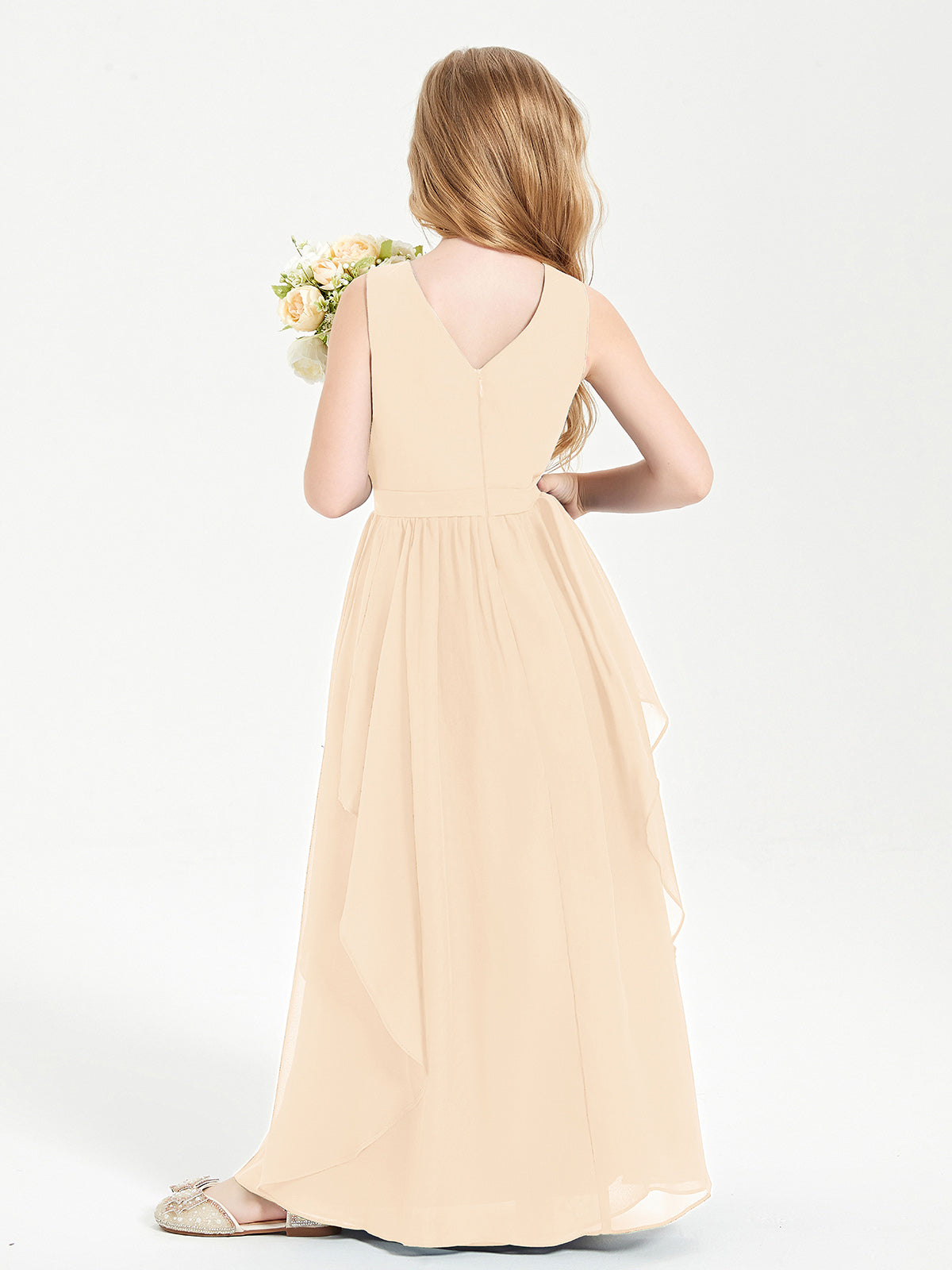 Boho Sleeveless Junior Chiffon Bridesmaids Gown Peach